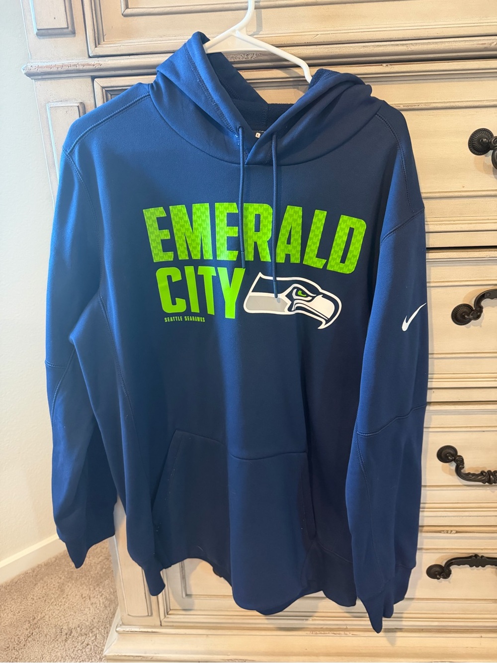 Nike Men's Navy Hoodie with Neon Green 'Emerald City' Seattle Seahawks Script